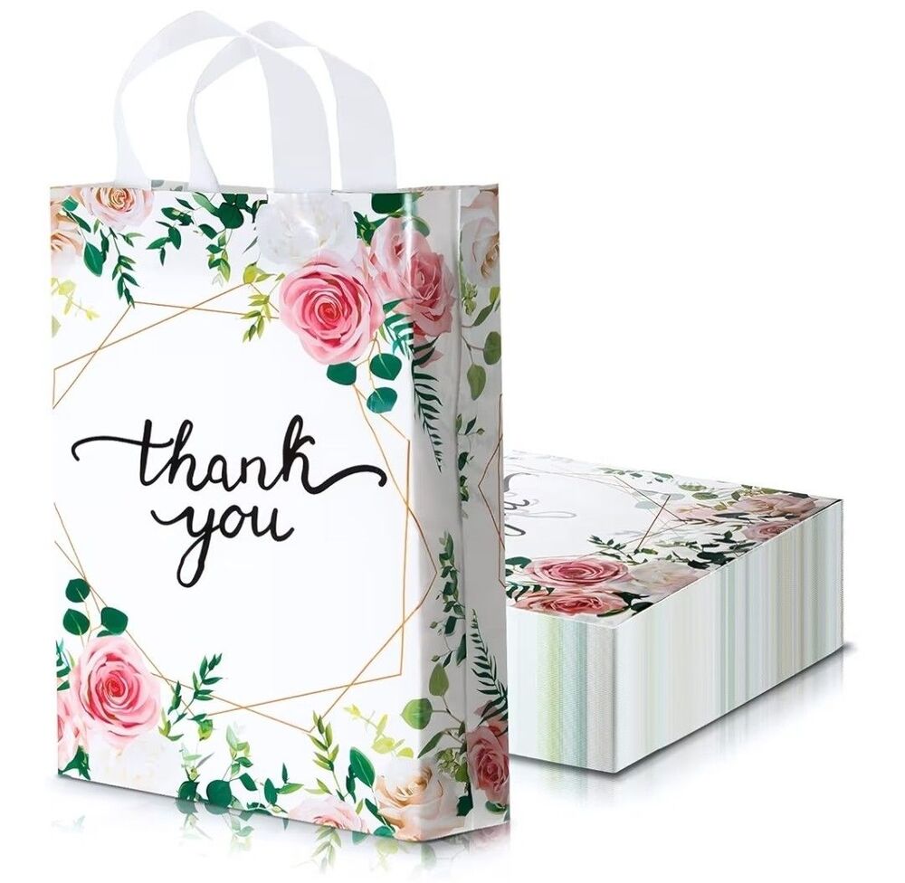 Floral Thank You Bags 12x15, 20 PCS Large Plastic Gift Bags with Handles, Boutiq